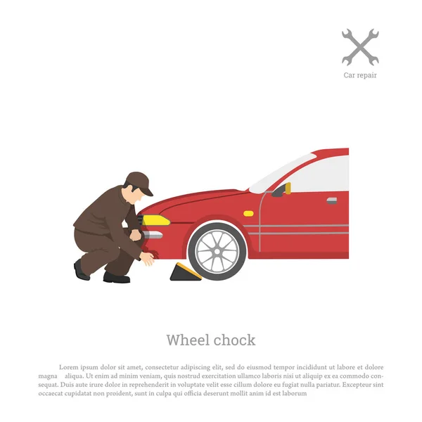 De monteur stelt boordevol voor wiel. Auto reparatie en onderhoud — Stockvector
