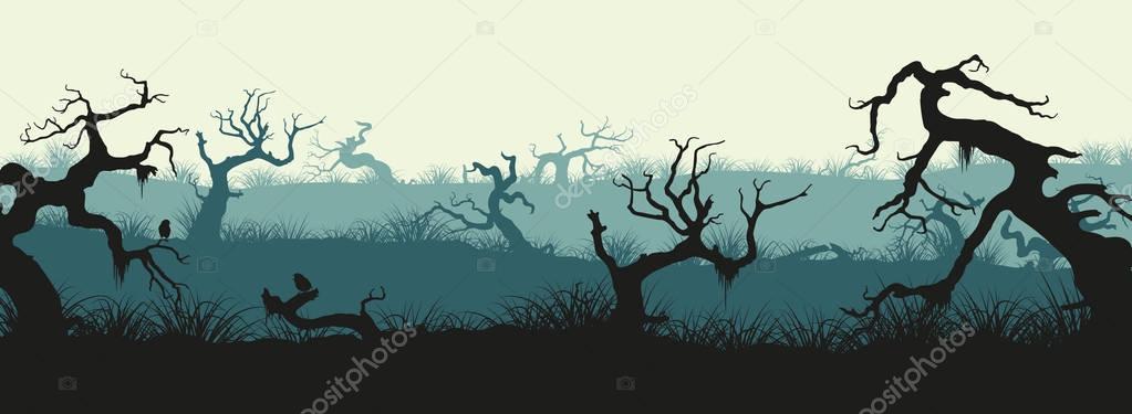 Silhouettes of broken trees and marsh grass. Swamp panorama. Hor