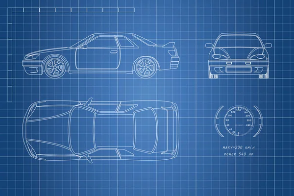 Disegno dell'auto su sfondo blu. Vista superiore, frontale e laterale. Il progetto del veicolo — Vettoriale Stock