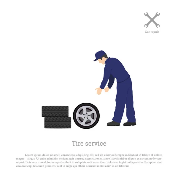 Servicio de neumáticos. Mecánico cambiando una rueda de coche. Reparación y mantenimiento. Taller de vehículos . — Vector de stock