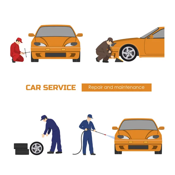 Car repair and maintenance . Vehicle workshop. Auto services images on white background — Stock Vector