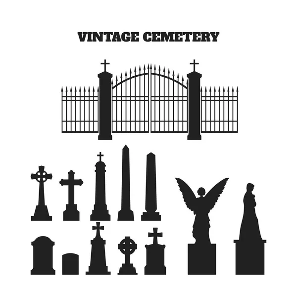Zwarte silhouetten van grafzerken, grafstenen en kruisen. Elementen van begraafplaats — Stockvector