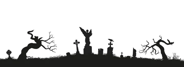 Black silhouettes of tombstones, crosses and gravestones. Elements of cemetery. Graveyard panorama — Stock Vector