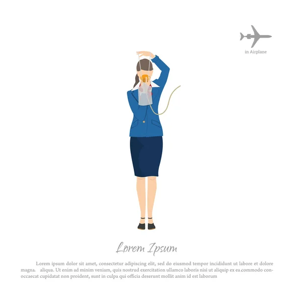 A légiutas-kísérő bemutatja a használatát az oxigén maszkot. A fedélzeti kabinban stewardess — Stock Vector