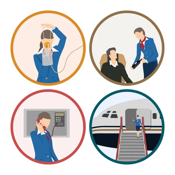 Stewardess serves passengers on the airplane. Attendant woman in uniform. Aircraft crew. — Stock Vector