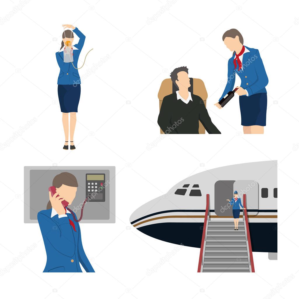 Stewardess serves passengers on the airplane. Attendant woman in uniform. Aircraft crew.