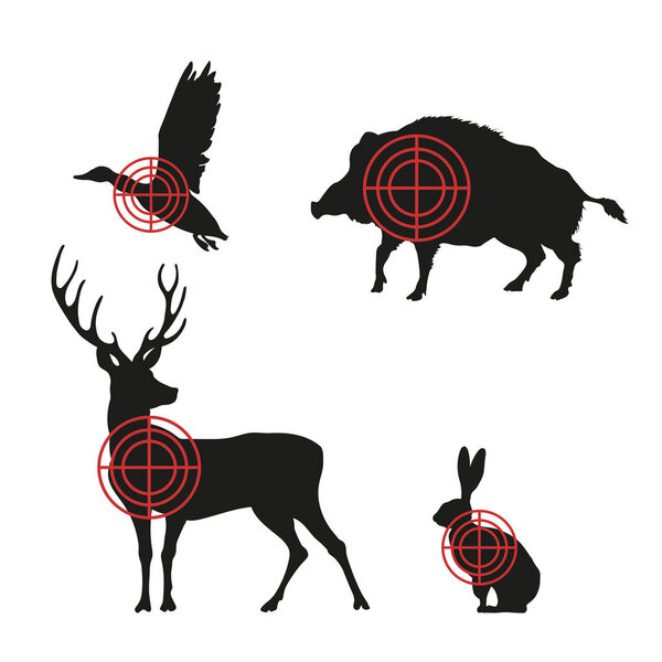 Targets with black silhouettes of animals on a white background. Hunting icons