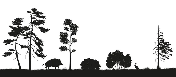 Silhouette nera di alberi della foresta su uno sfondo bianco. Panorama della foresta con animali. Paesaggio della natura selvaggia — Vettoriale Stock