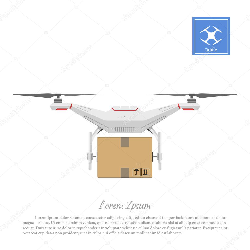 Drone delivering cardboard box. Realistic image of quadrocopter on white background