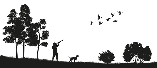 Zwarte silhouet van een jager met een hond in het bos. Eend jacht. Landschap van wilde natuur — Stockvector