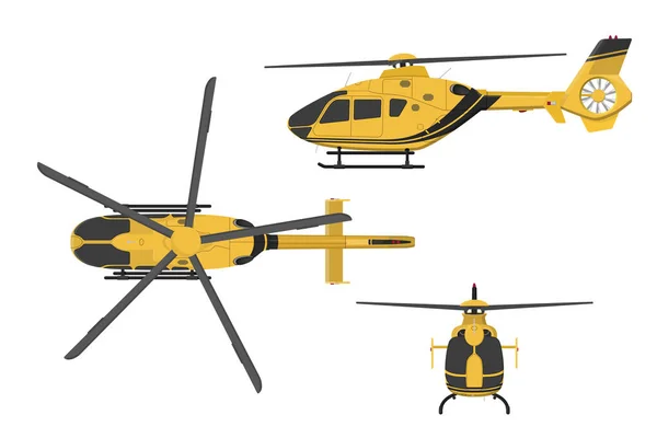 Helicóptero naranja sobre fondo blanco. Vista lateral, frontal, superior — Vector de stock