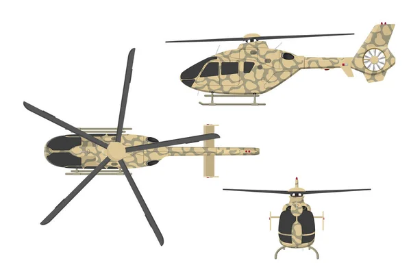 Helicóptero militar em estilo plano sobre fundo branco. Topo, lado, vista frontal. Veículo aéreo do exército — Vetor de Stock