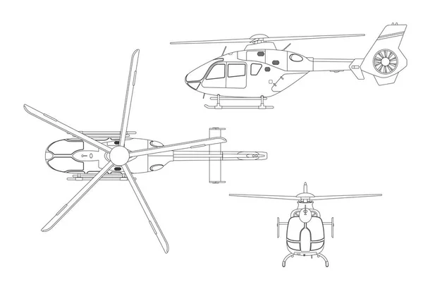 Esquema de dibujo de helicóptero sobre fondo blanco. Arriba, lado, vista frontal. Proyecto técnico — Vector de stock