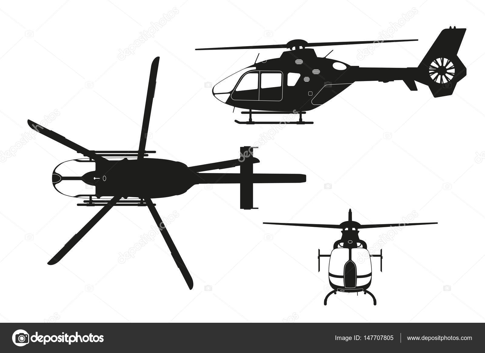 Image vectorielle Silhouette noire d'hélicoptère sur fond blanc. Haut,  côté, vue de face. Dessin isolé par ©Shain - 147707805, image size:1600x1167