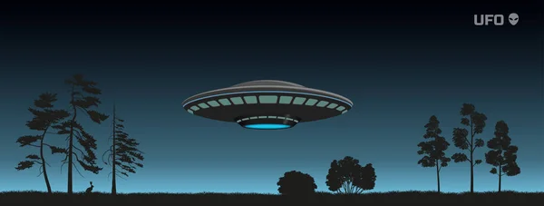 Silhouette von Ufo über einem nächtlichen Wald. Raumschiff von Außerirdischen am Himmel. Kontakt mit außerirdischer Zivilisation — Stockvektor
