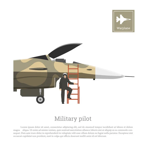 Piloto de uma aeronave militar que se prepara para o voo. Avião de guerra em cores de camuflagem —  Vetores de Stock