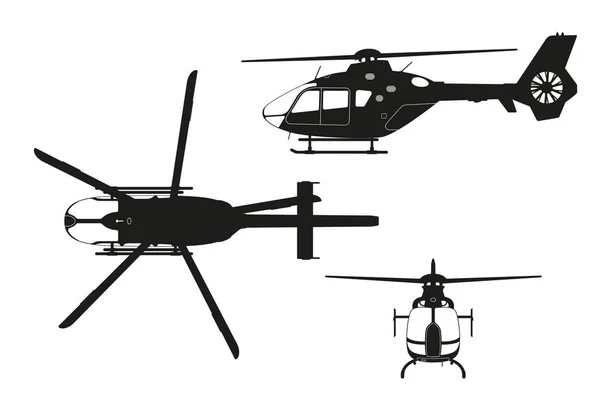 Helikopter, fehér alapon fekete sziluettje. Tető, oldalsó, elülső kilátás. Elszigetelt rajz — Stock Vector