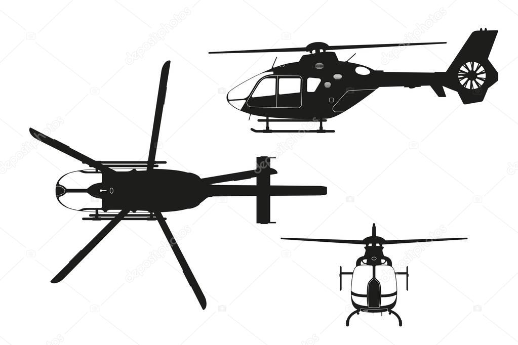 Black silhouette of helicopter on white background. Top, side, front view. Isolated drawing