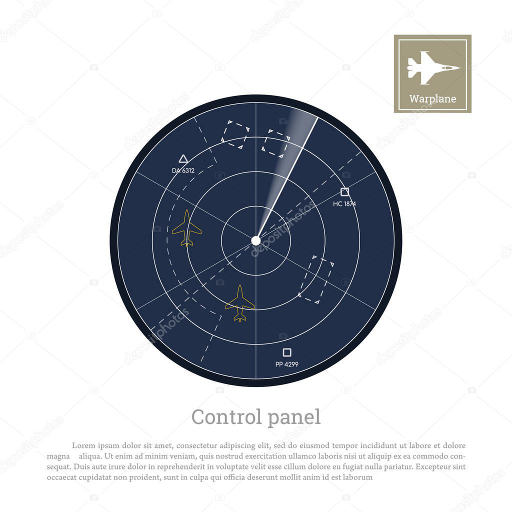 Military radar. Control panel for army aviation. Screen with map