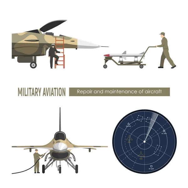 Aereo militare. Riparazione e manutenzione di aerei da guerra. Industria aerospaziale — Vettoriale Stock