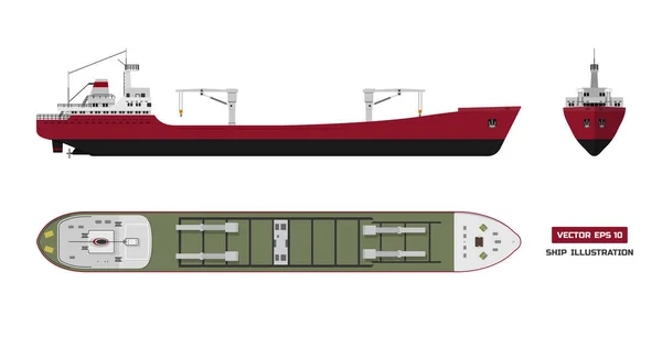 Φορτηγό πλοίο σε λευκό φόντο. Κορυφή, πλευρά και μπροστινή όψη. Μεταφορές εμπορευματοκιβωτίων στην επίπεδη στυλ. — Διανυσματικό Αρχείο