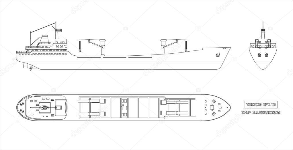 Outline drawing of cargo ship on a white background. Top, side and front view. Container transport