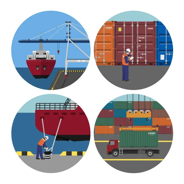 Servicios portuarios. Carga de contenedores en buques — Vector de stock