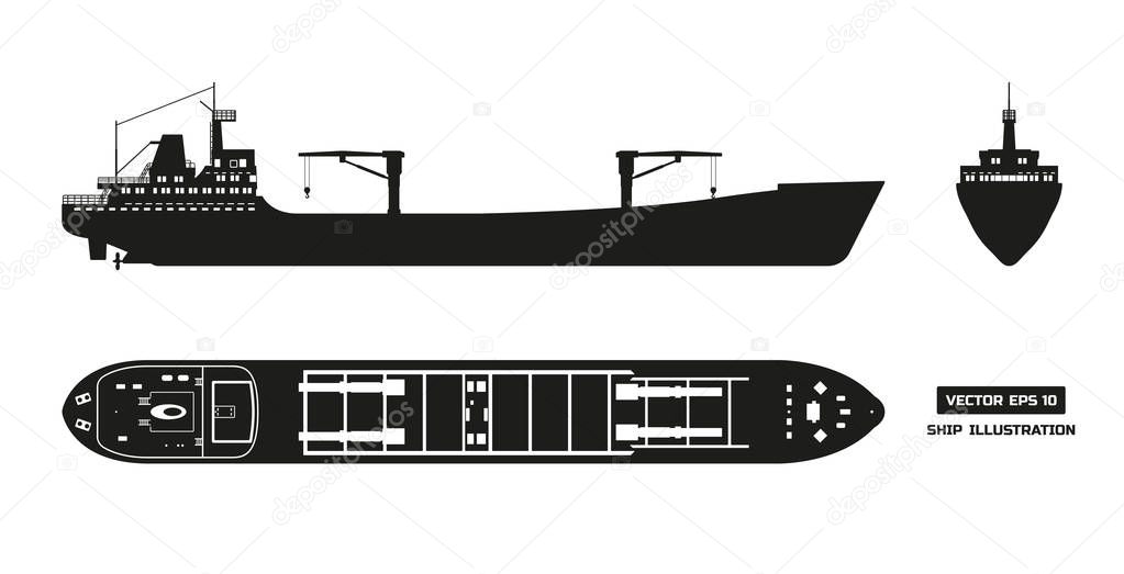 Silhouette of cargo ship on a white background