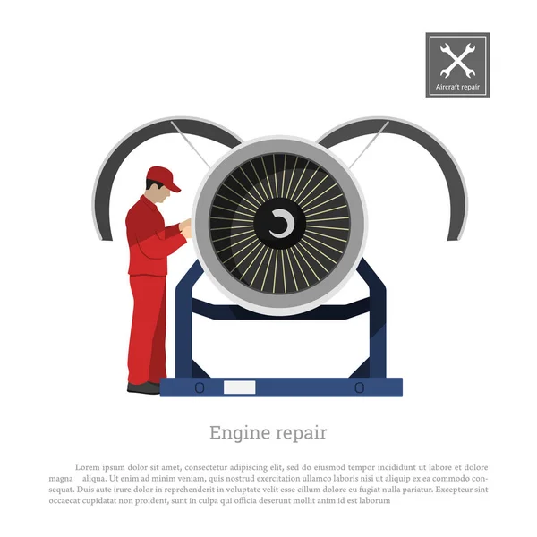 Reparación y mantenimiento de aeronaves. El ingeniero inspecciona el motor del avión. Dibujo industrial en un estilo plano — Vector de stock