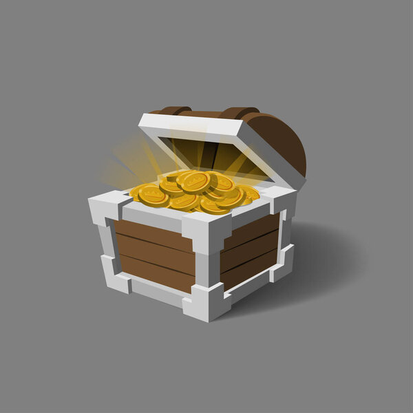 Chest with gold in a cartoon style. Pirate treasures. Box icon for game interface