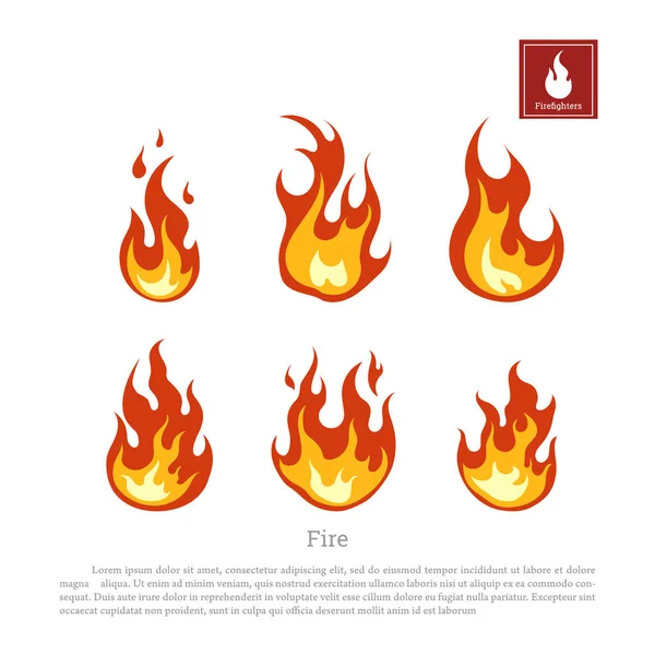 Fuego sobre fondo blanco. Colección de llamas en un estilo plano. Icono de bomberos — Vector de stock