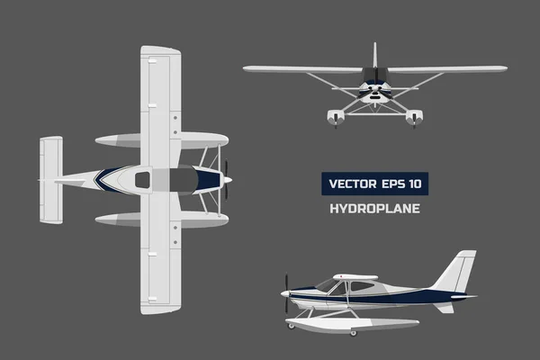 Vliegtuig in een vlakke stijl op een grijze achtergrond. Vliegtuigen van de lading. Industrieel tekenen van watervliegtuig. Bovenkant, voorzijde en de zijkant bekijken — Stockvector