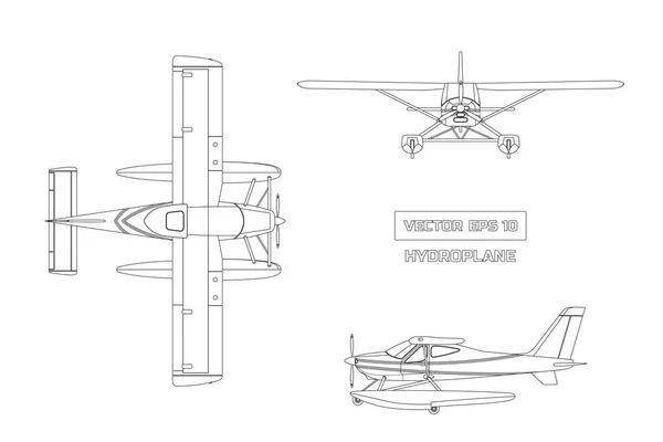 Garis besar gambar pesawat dalam gaya datar pada latar belakang abu-abu. Pesawat kargo. Tampilan atas, depan dan samping - Stok Vektor