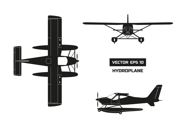 Black silhouette of plane on white background. Cargo aircraft. Industrial drawing of hydroplane. Top, front and side view — Stock Vector