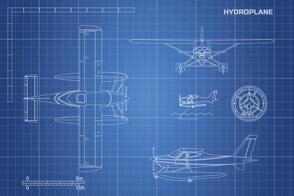 工学面の青写真。ビューはハイドロ プレーン: トップ、サイドとフロント。航空機産業の図面 — ストックベクタ