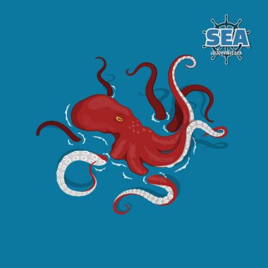 Beyaz zemin üzerine kırmızı dev ahtapot. Deniz canavarı kraken karikatür tarzı. Korsan oyunu. 3D görüntü