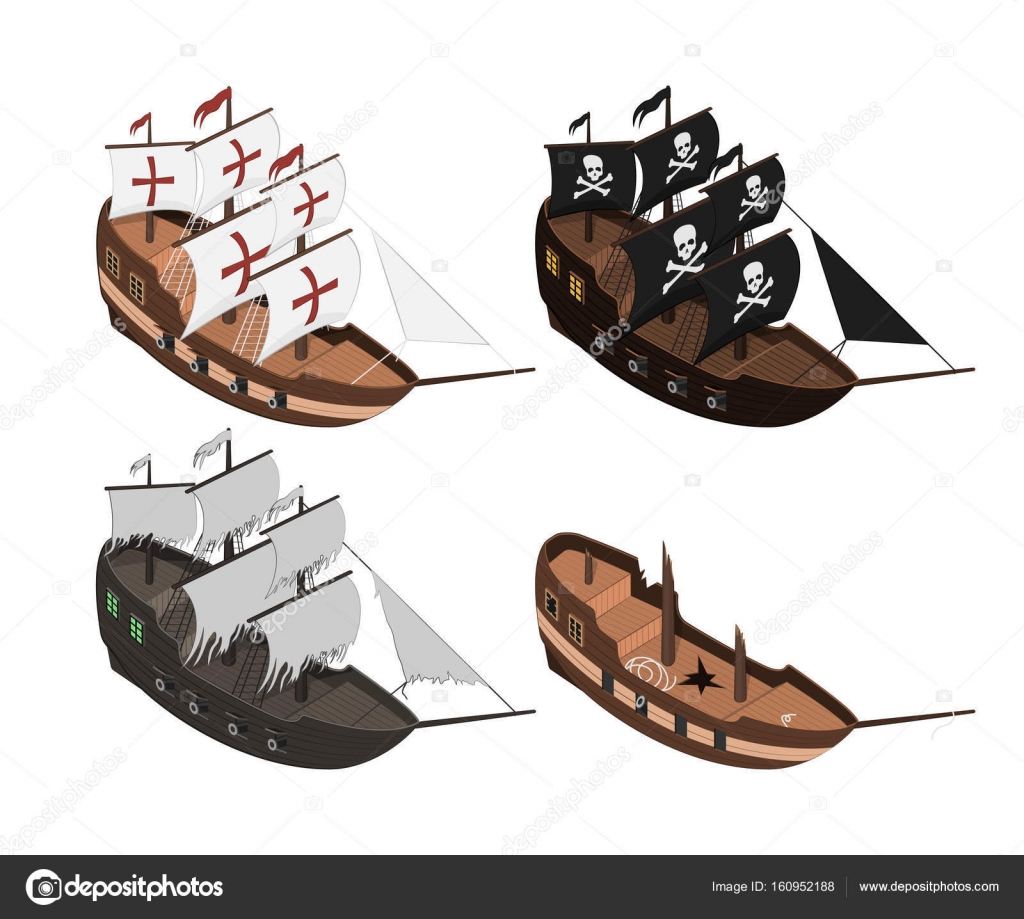 Conjunto de veleiros sobre um fundo branco. Veleiro isolado em estilo  isométrico. Ilustração 3d do navio antigo. Jogo de piratas Vetor de ©Shain  160952188, image size:1024x919