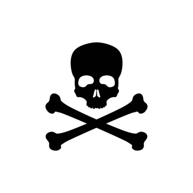 Kafatası ve kemikler beyaz arka planda siyah silüeti. Korsan bayrağı Jolly Roger. Zehir simgesi