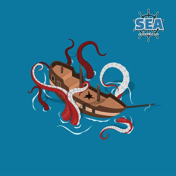 Kaputtes Segelflugzeug mit Kraken auf blauem Hintergrund. Segelboot im isometrischen Stil. 3D-Illustration des antiken Schiffes. Piratenspiel — Stockvektor