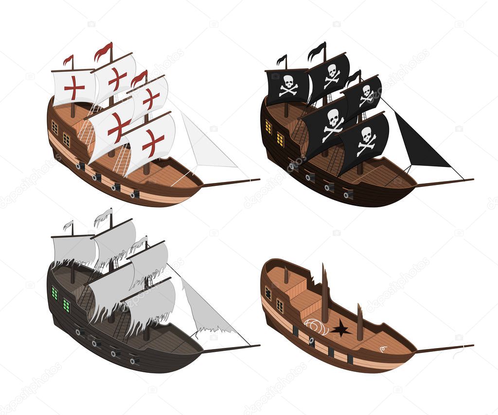 Set of sailers on a white background. Isolated sailboat in isometric style. 3d illustration of ancient ship. Pirate game