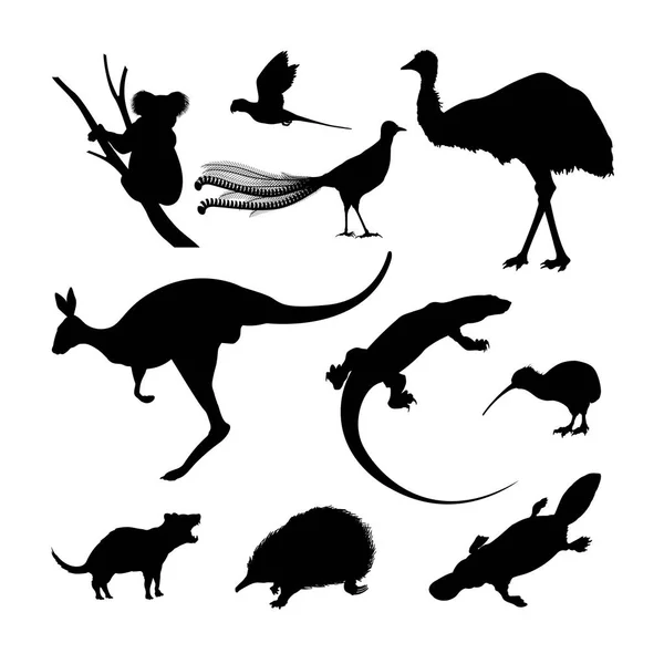 Conjunto de siluetas negras de animales australianos — Vector de stock