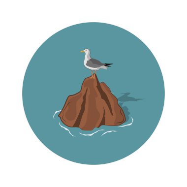 Beyaz zemin üzerinde bir taş üzerinde martı. Bir martı bir karikatür tarzı bir görüntü. Deniz manzarası