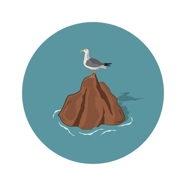 Mouette sur une pierre sur fond blanc. Une image d'une mouette dans un style de dessin animé. Paysage marin — Image vectorielle