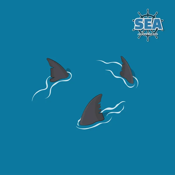 Aletas de tiburón sobre fondo azul. Peligro de peces en estilo isométrico. Ilustración 3d. Pirata juego — Archivo Imágenes Vectoriales