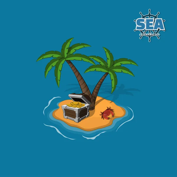 Ilha pirata com tesouros em um fundo azul. Ilha tropical com palmas das mãos e peito. Jogo móvel — Vetor de Stock
