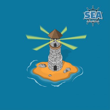 Korsan Adası Deniz feneri mavi bir arka plan ile. Tropikal Adası taş castle izometrik tarzı ile. Mobil oyun