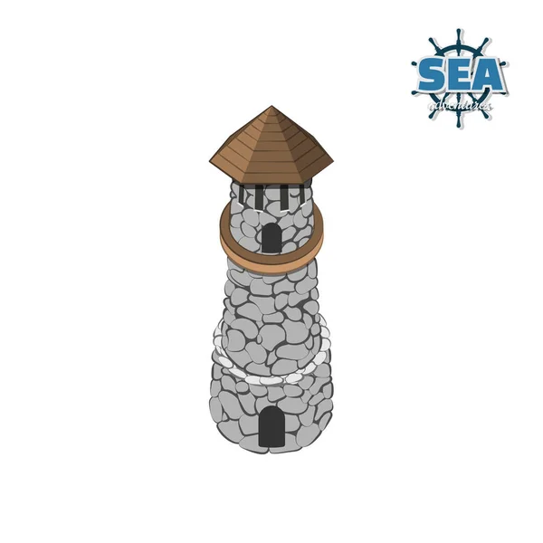 白い背景の上の灯台と海賊島。アイソメ図スタイルで石の城と熱帯の島。モバイル ゲーム — ストックベクタ