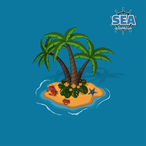 Tropikalna wyspa z palmami, kraby i rozgwiazdy. Tropic w izometryczny styl. Mobilna gra — Wektor stockowy