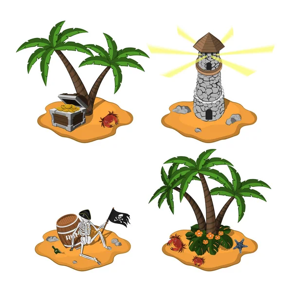 Conjunto de ilhas tropicais em estilo cartoon sobre fundo branco. Ilha pirata em vista isométrica. Jogo móvel — Vetor de Stock