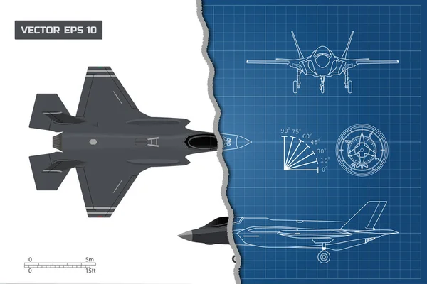 軍用機の図面。産業の青写真。トップ、サイド、フロント ビュー。ジェット戦闘機です。外部の武器と戦争の飛行機 — ストックベクタ
